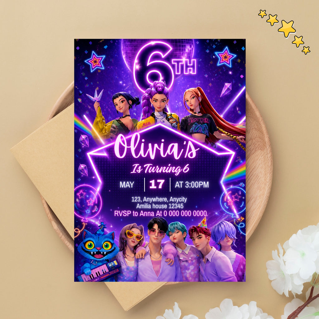 Kpop birthday Invitation Template, 6th Birthday Editable Canva Digital Download (5×7)in