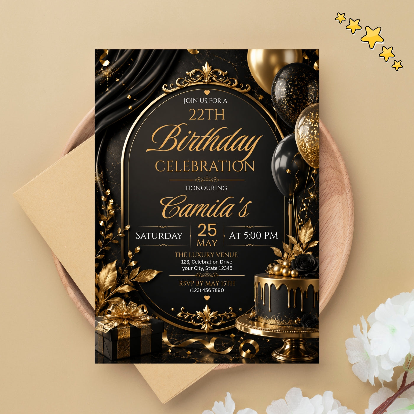 Editable Luxury Birthday Invitation Template | Black And Gold Birthday Invitation Canva digital download