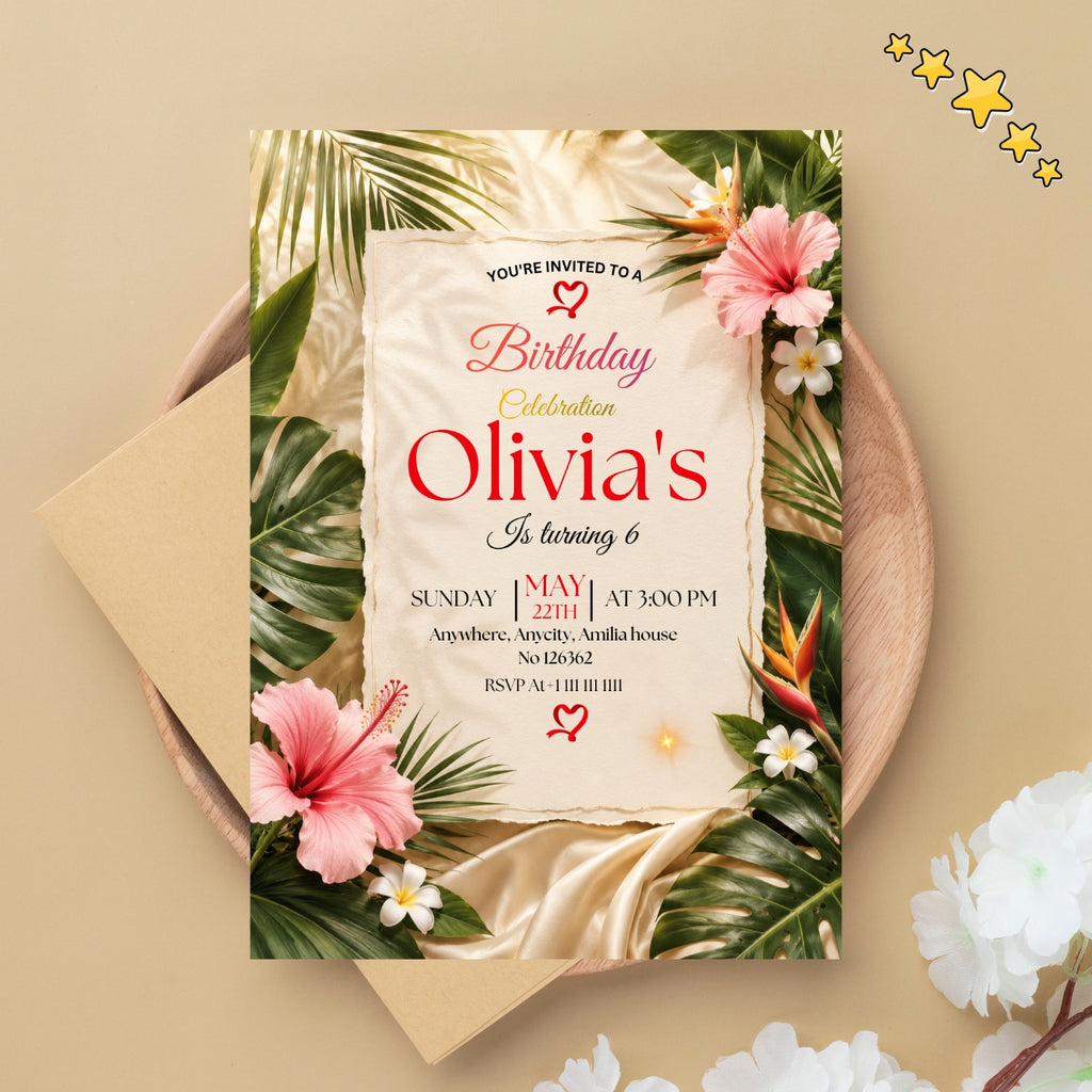 Tropical Birthday Invitation Template editable Canva Digital Download(5×7)In
