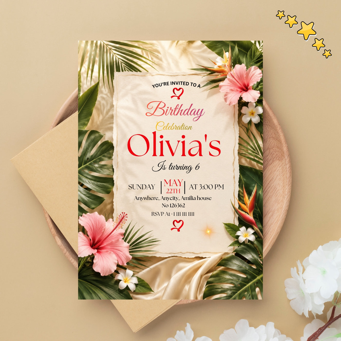 Tropical Birthday Invitation Template editable Canva Digital Download(5×7)In