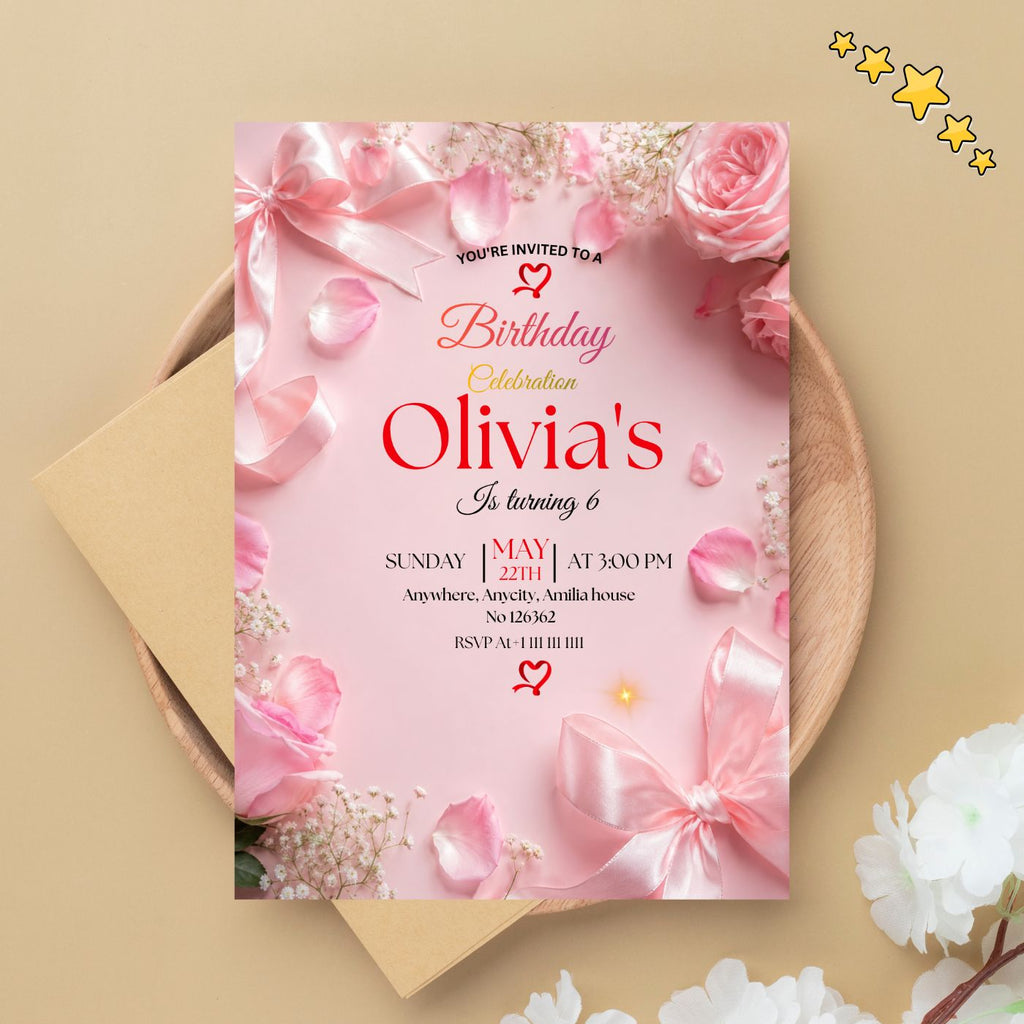 Pink Bow Coquette Rose birthday Invitation template Editable Canva Digital Download