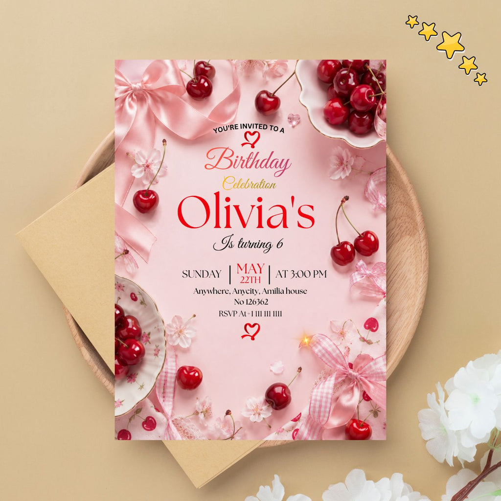 Cherry Birthday Invitation Template Editable Canva Digital Download (5×7) In