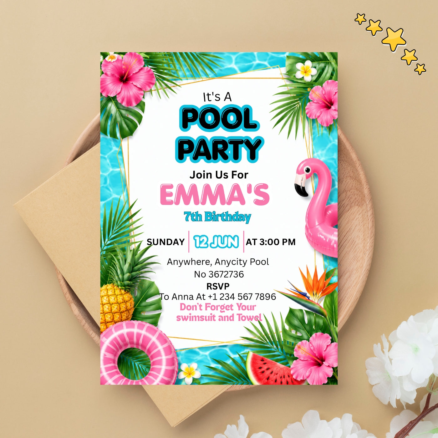Pool Party birthday Invitation Template Editable Canva Digital Download (5×7)in