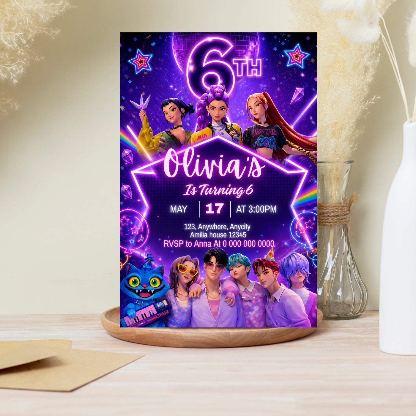 Kpop birthday Invitation Template, 6th Birthday Editable Canva Digital Download (5×7)in