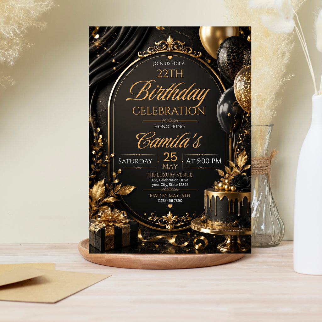 Editable Luxury Birthday Invitation Template | Black And Gold Birthday Invitation Canva digital download
