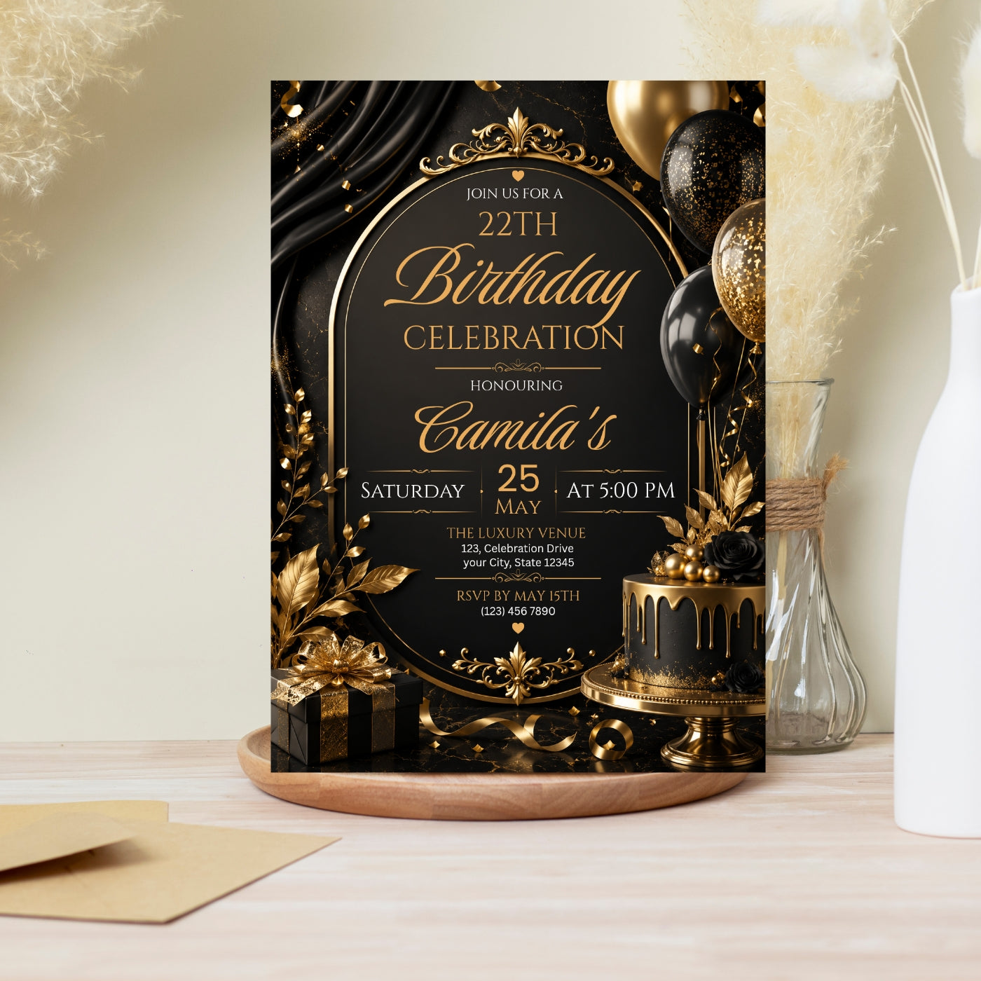 Editable Luxury Birthday Invitation Template | Black And Gold Birthday Invitation Canva digital download