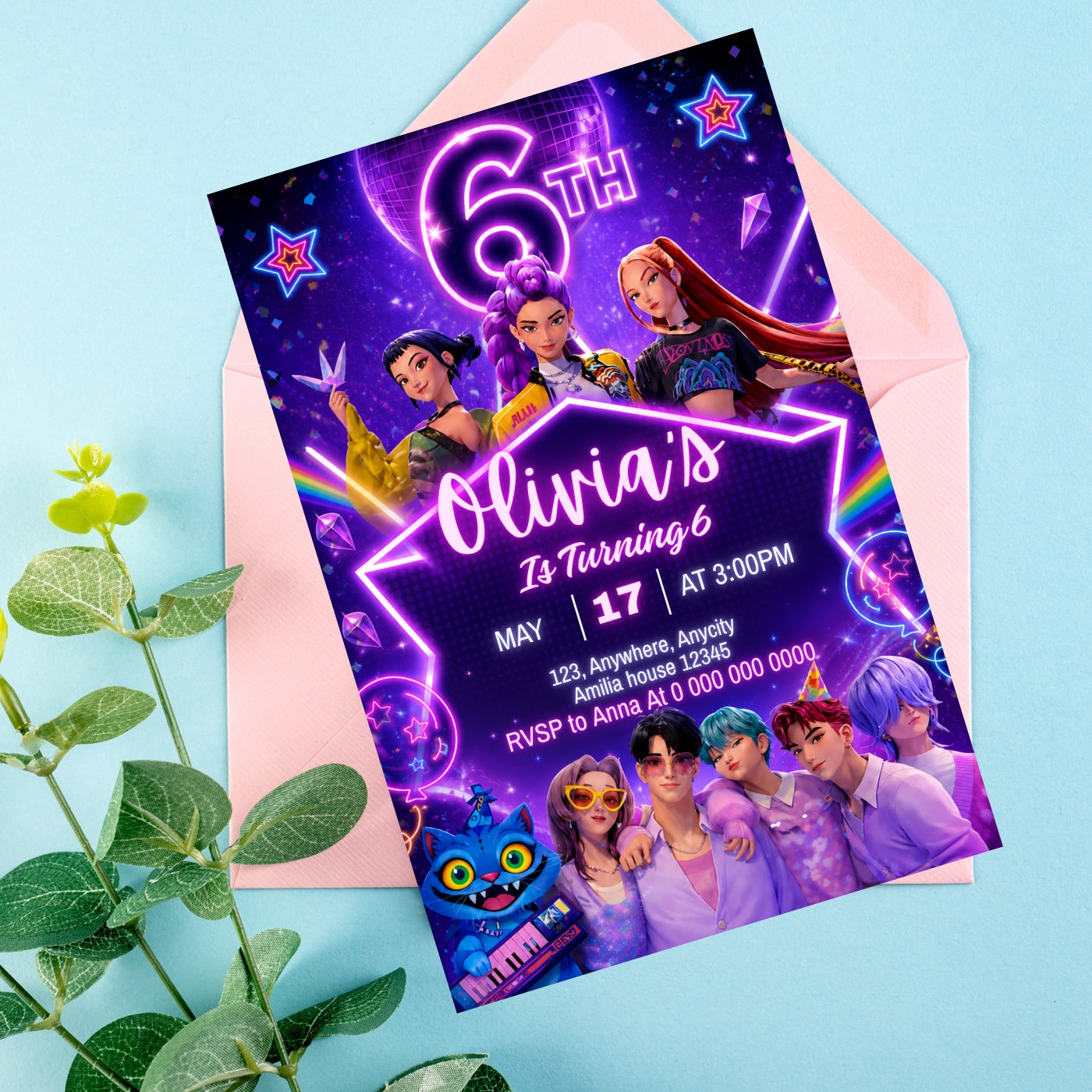 Kpop birthday Invitation Template, 6th Birthday Editable Canva Digital Download (5×7)in