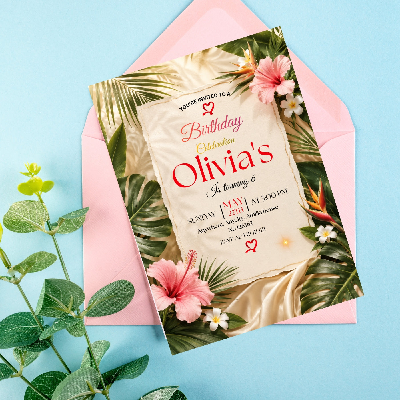 Tropical Birthday Invitation Template editable Canva Digital Download(5×7)In