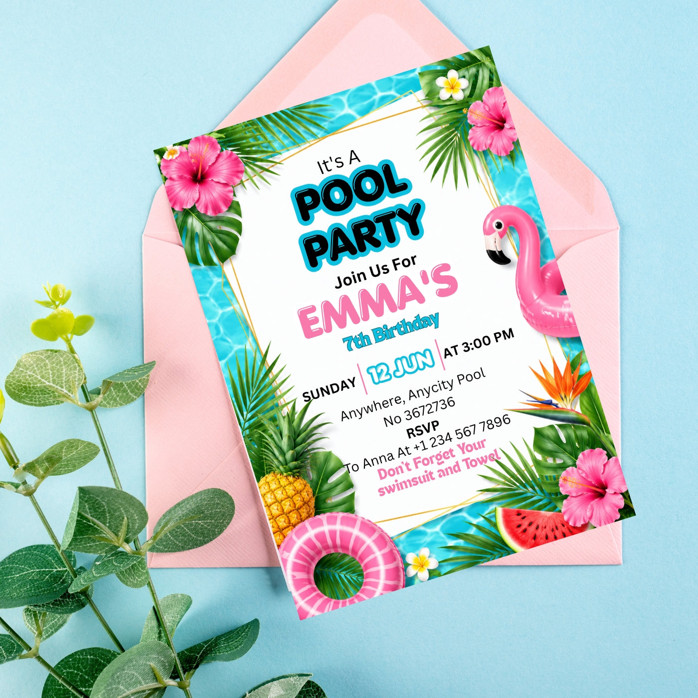 Pool Party birthday Invitation Template Editable Canva Digital Download (5×7)in
