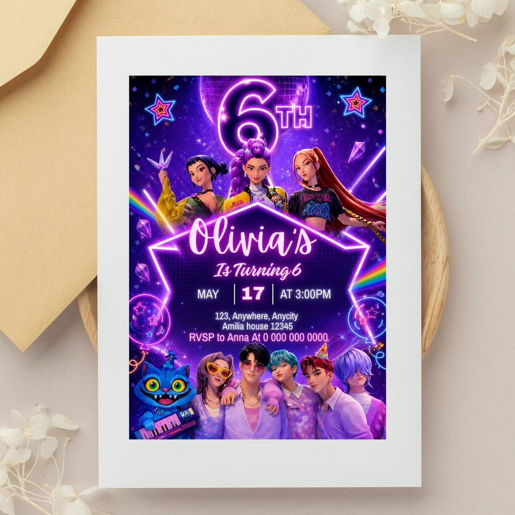 Kpop birthday Invitation Template, 6th Birthday Editable Canva Digital Download (5×7)in