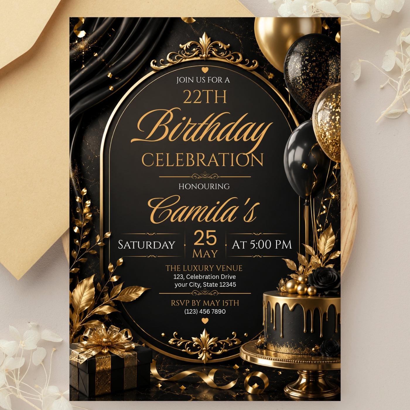 Editable Luxury Birthday Invitation Template | Black And Gold Birthday Invitation Canva digital download