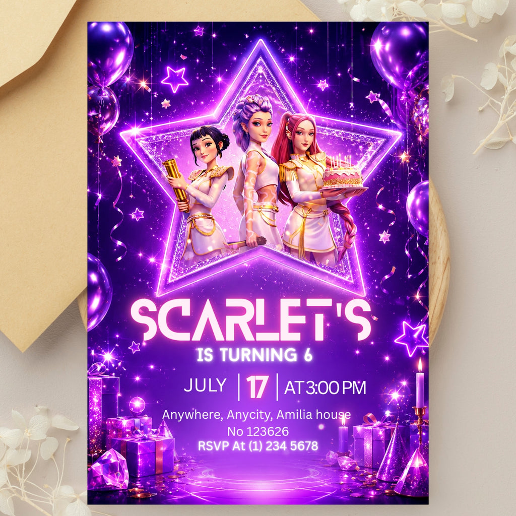 Kpop demon Hunters birthday Invitation template Editable Canva Digital Download
