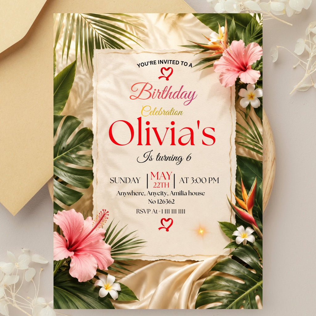 Tropical Birthday Invitation Template editable Canva Digital Download(5×7)In