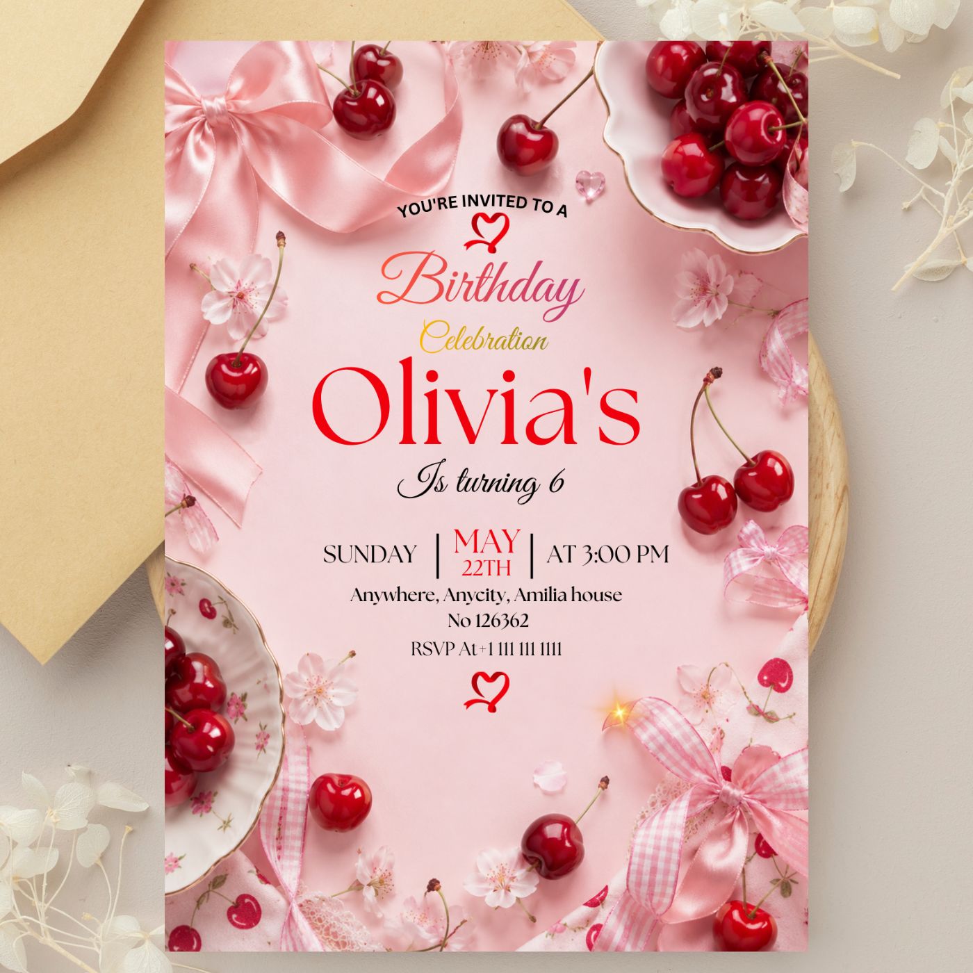 Cherry Birthday Invitation Template Editable Canva Digital Download (5×7) In