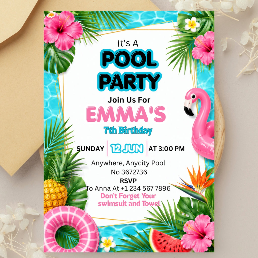 Pool Party birthday Invitation Template Editable Canva Digital Download (5×7)in