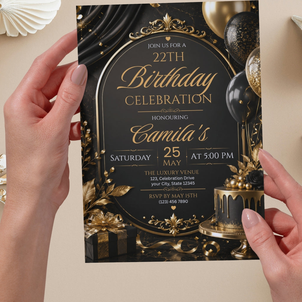 Editable Luxury Birthday Invitation Template | Black And Gold Birthday Invitation Canva digital download
