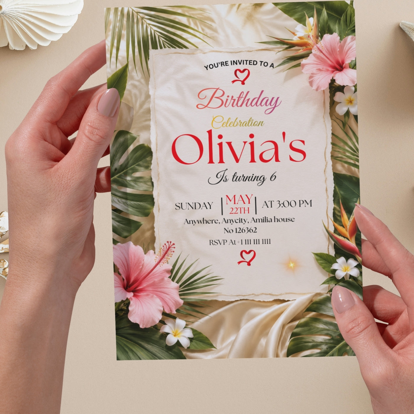 Tropical Birthday Invitation Template editable Canva Digital Download(5×7)In