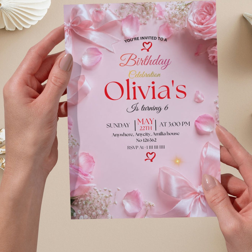 Pink Bow Coquette Rose birthday Invitation template Editable Canva Digital Download