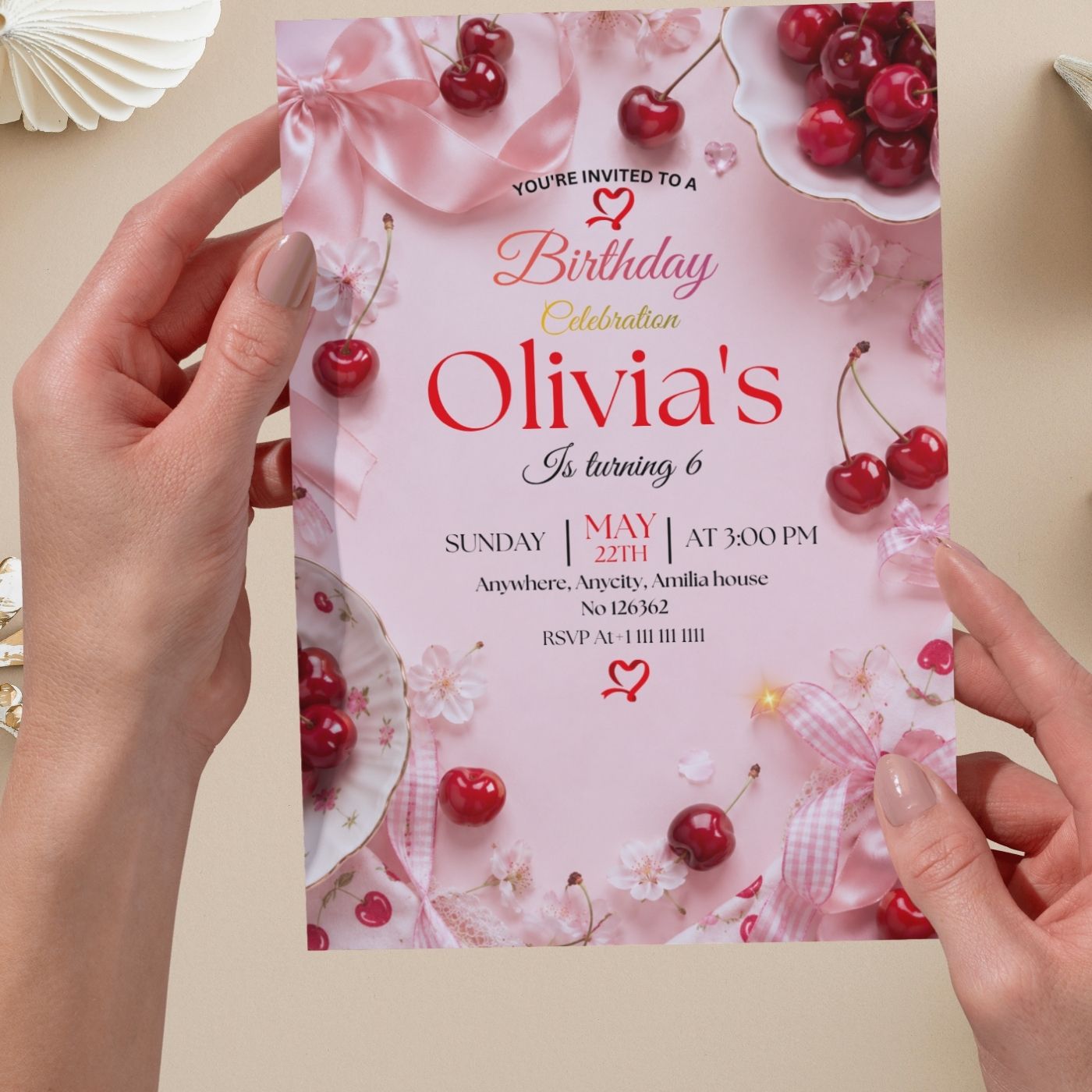 Cherry Birthday Invitation Template Editable Canva Digital Download (5×7) In