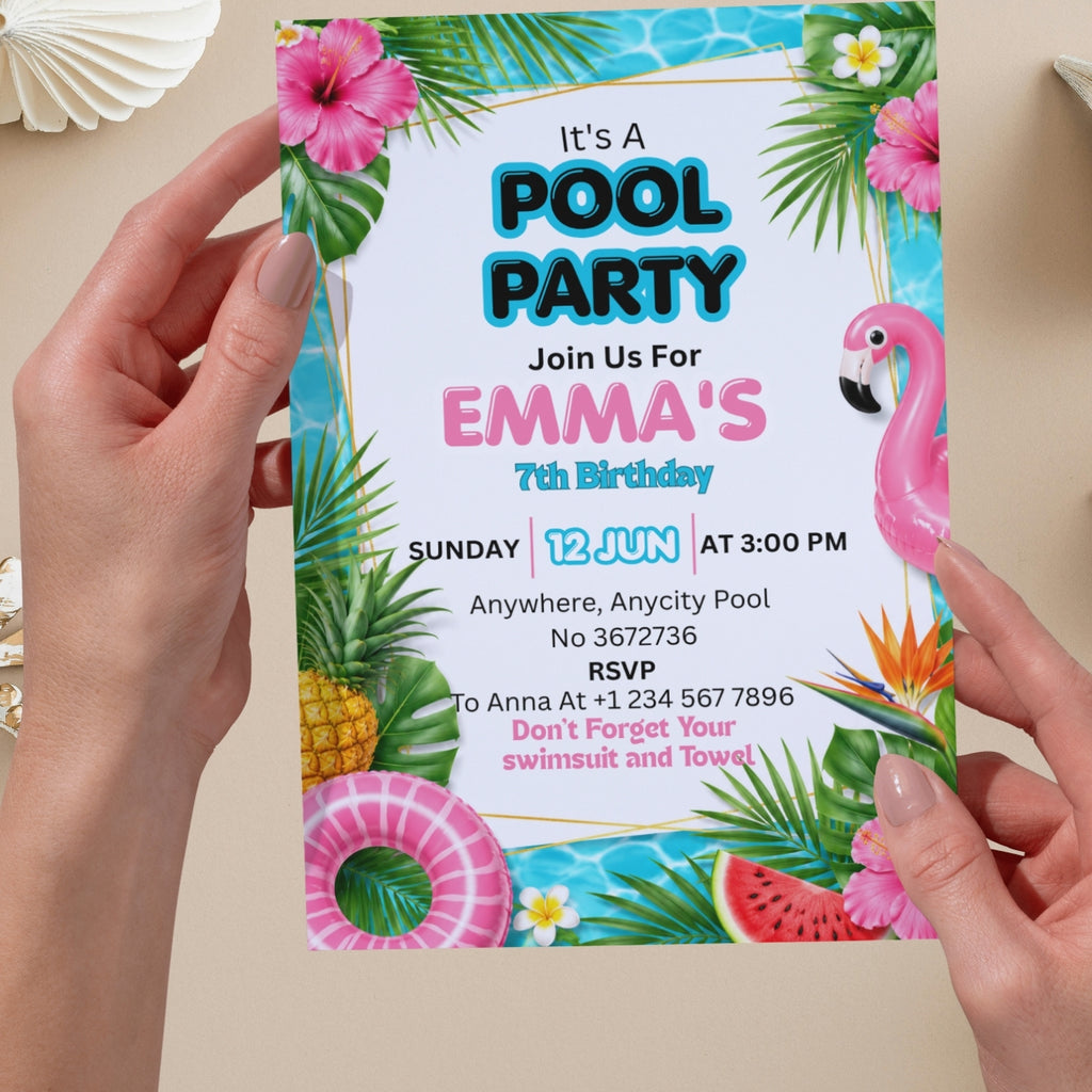 Pool Party birthday Invitation Template Editable Canva Digital Download (5×7)in