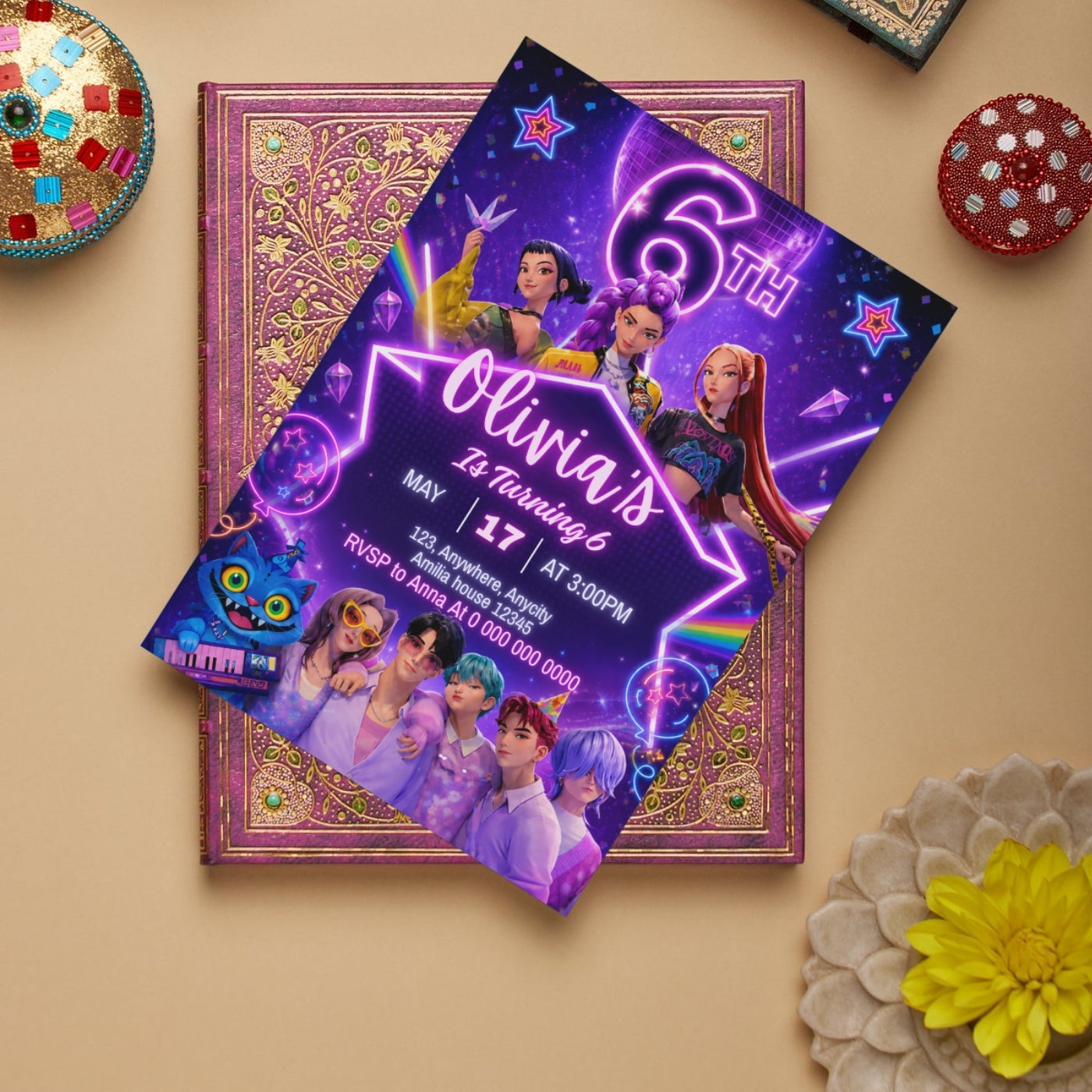 Kpop birthday Invitation Template, 6th Birthday Editable Canva Digital Download (5×7)in