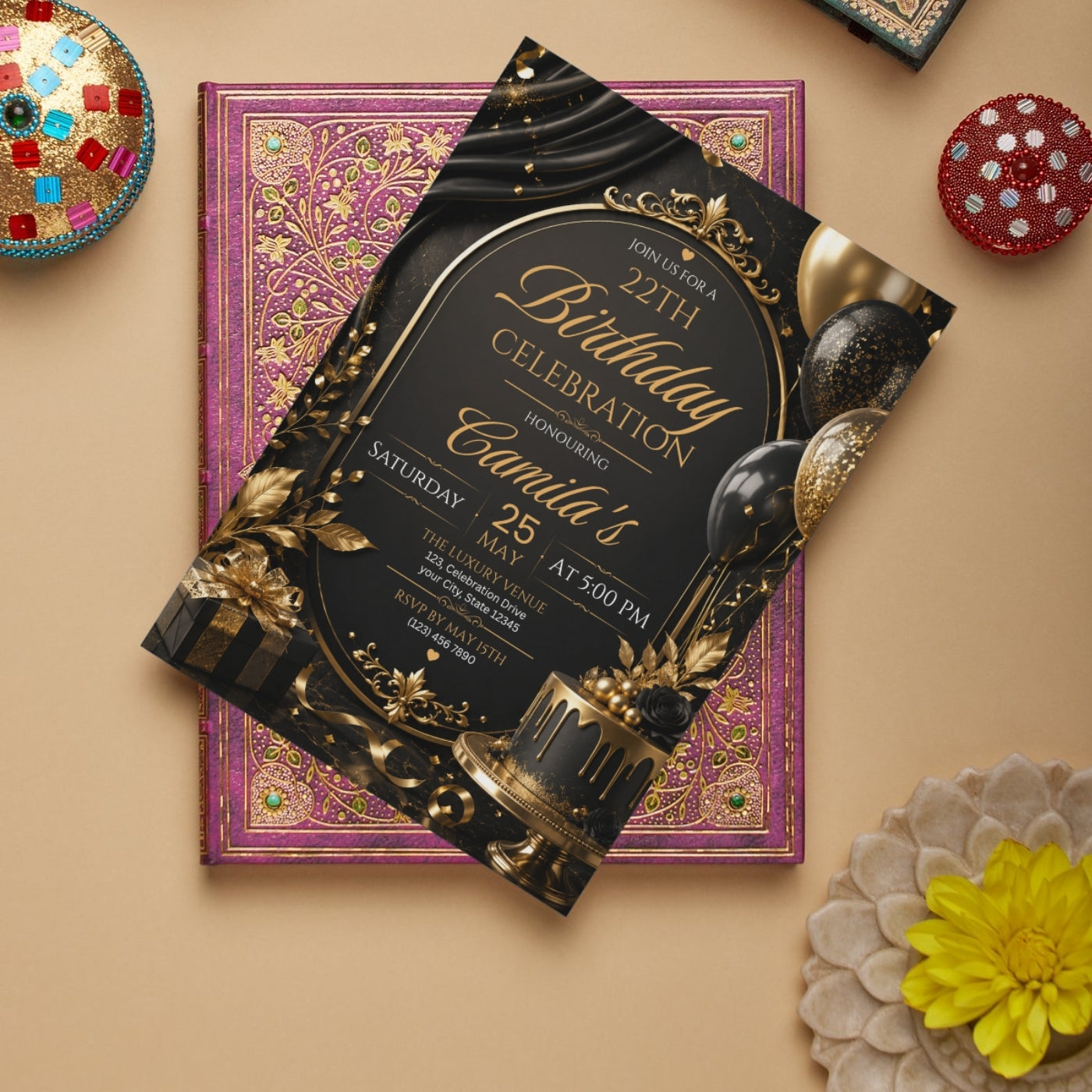 Editable Luxury Birthday Invitation Template | Black And Gold Birthday Invitation Canva digital download