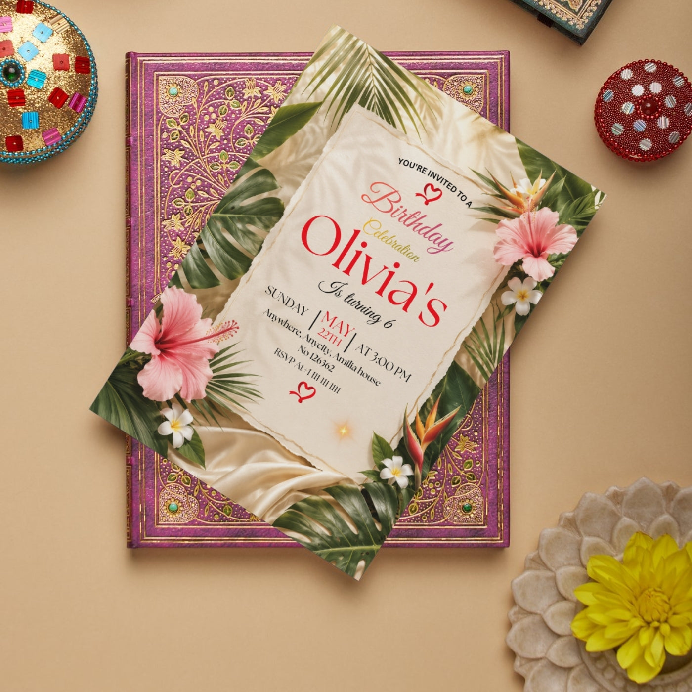 Tropical Birthday Invitation Template editable Canva Digital Download(5×7)In