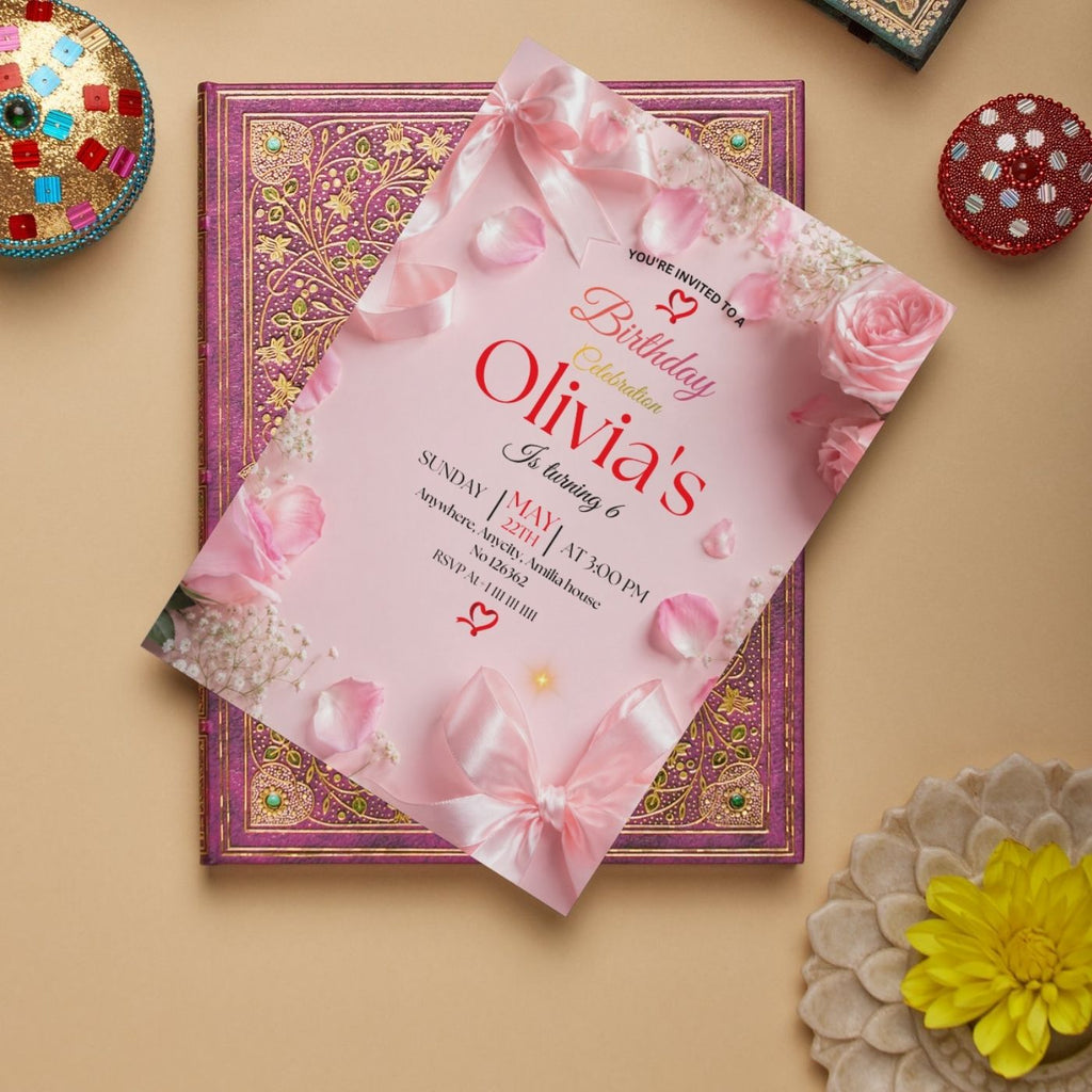 Pink Bow Coquette Rose birthday Invitation template Editable Canva Digital Download