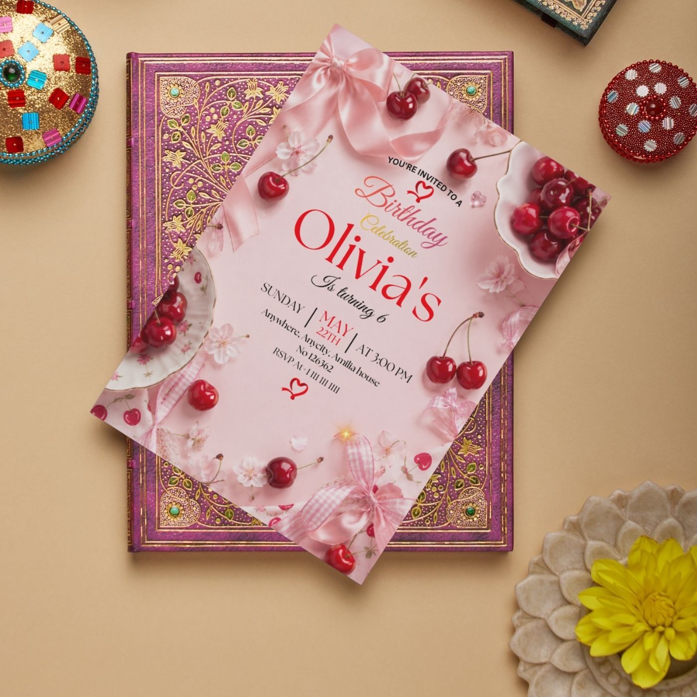 Cherry Birthday Invitation Template Editable Canva Digital Download (5×7) In