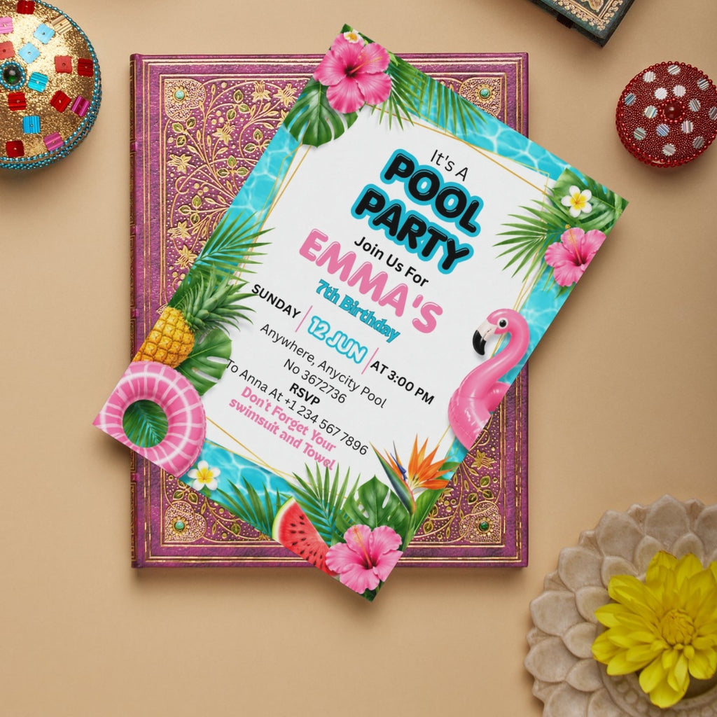 Pool Party birthday Invitation Template Editable Canva Digital Download (5×7)in