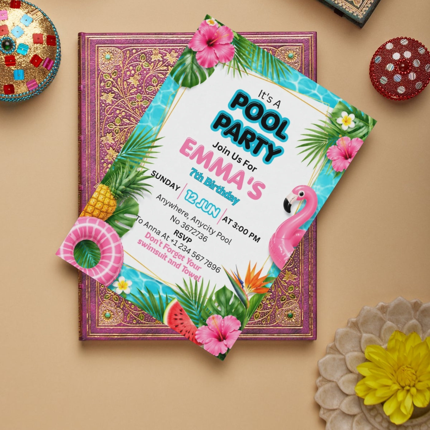 Pool Party birthday Invitation Template Editable Canva Digital Download (5×7)in