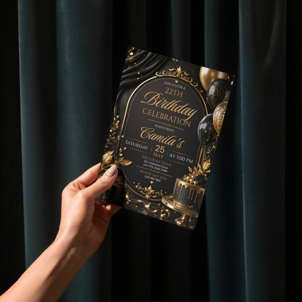 Editable Luxury Birthday Invitation Template | Black And Gold Birthday Invitation Canva digital download