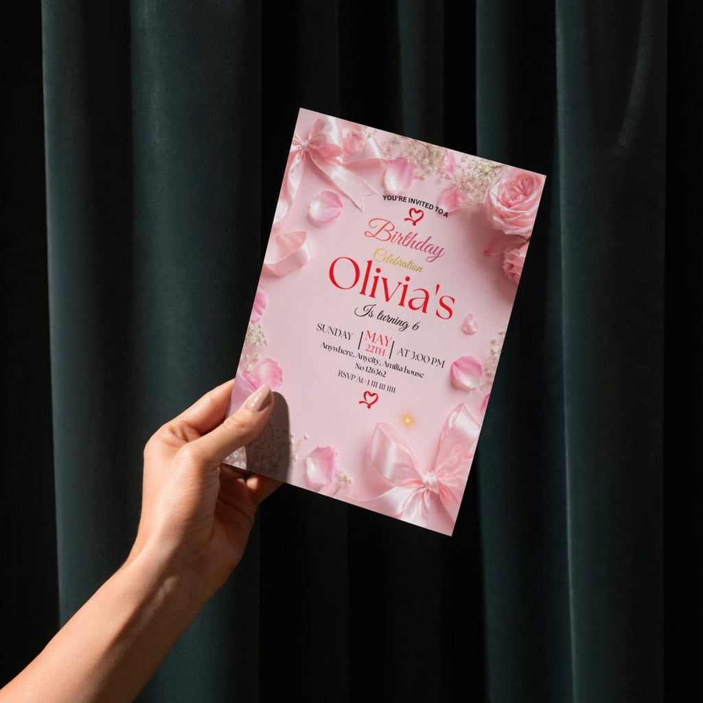 Pink Bow Coquette Rose birthday Invitation template Editable Canva Digital Download