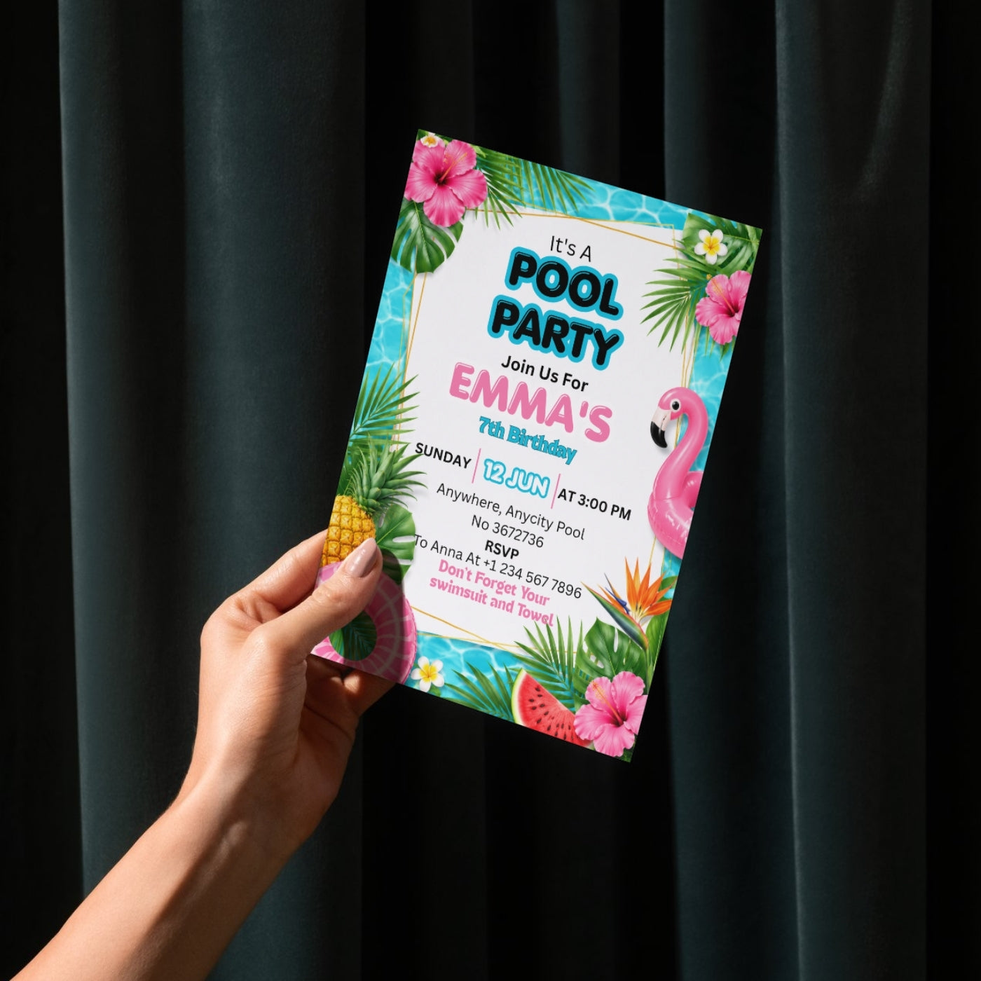 Pool Party birthday Invitation Template Editable Canva Digital Download (5×7)in