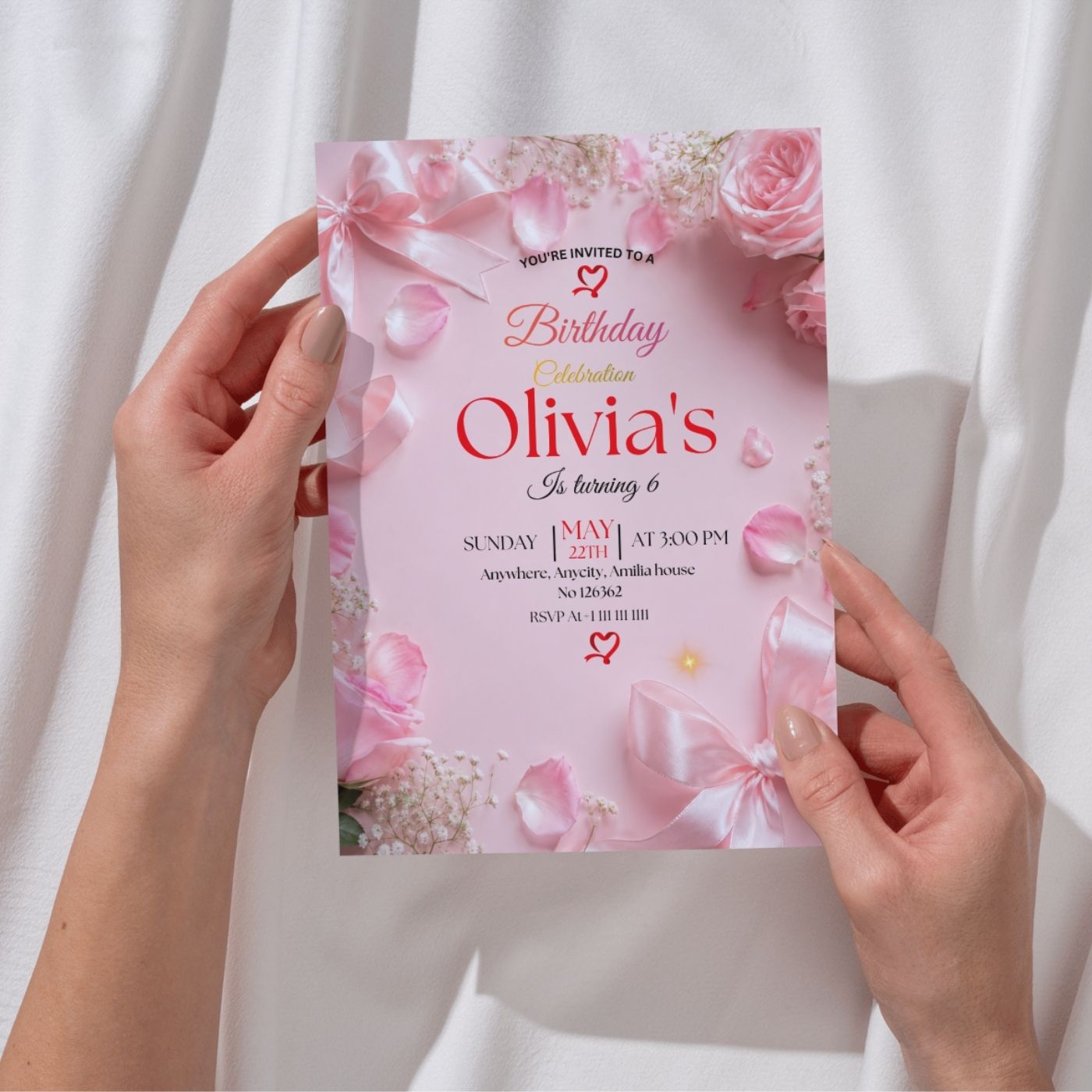 Pink Bow Coquette Rose birthday Invitation template Editable Canva Digital Download