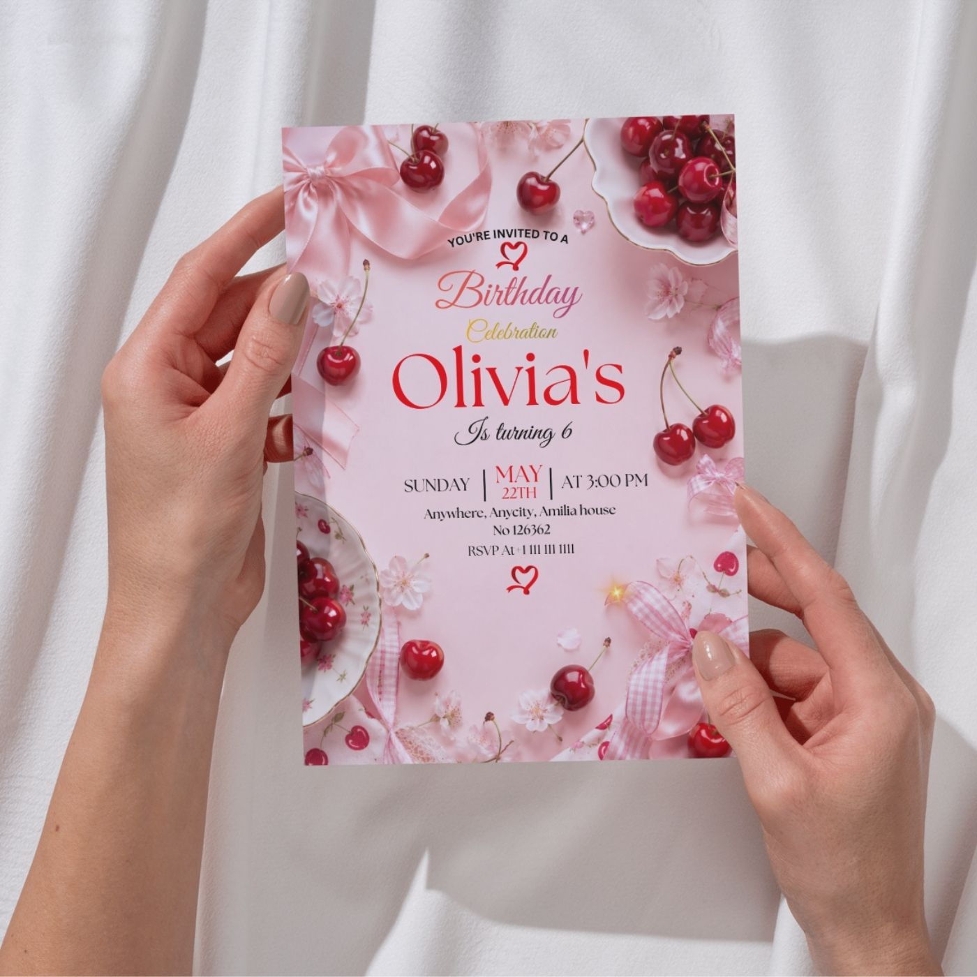 Cherry Birthday Invitation Template Editable Canva Digital Download (5×7) In