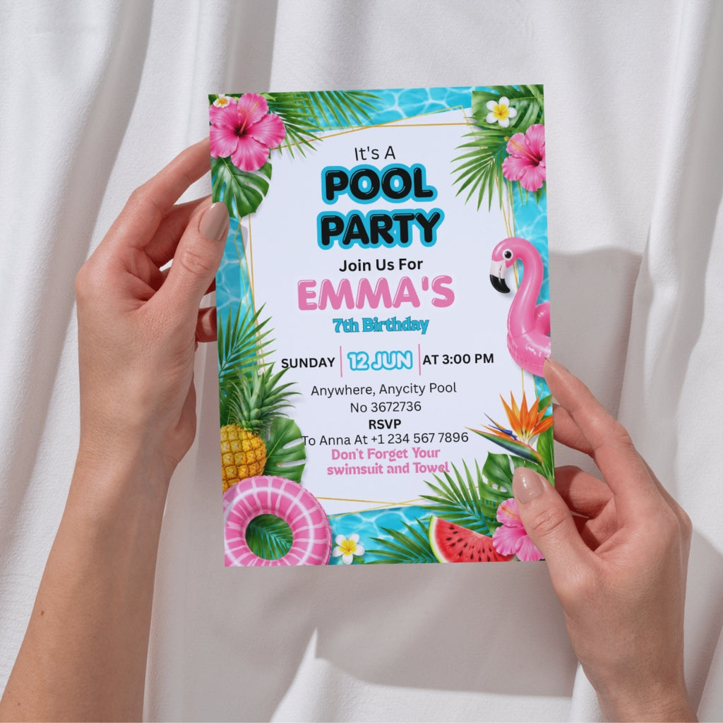Pool Party birthday Invitation Template Editable Canva Digital Download (5×7)in