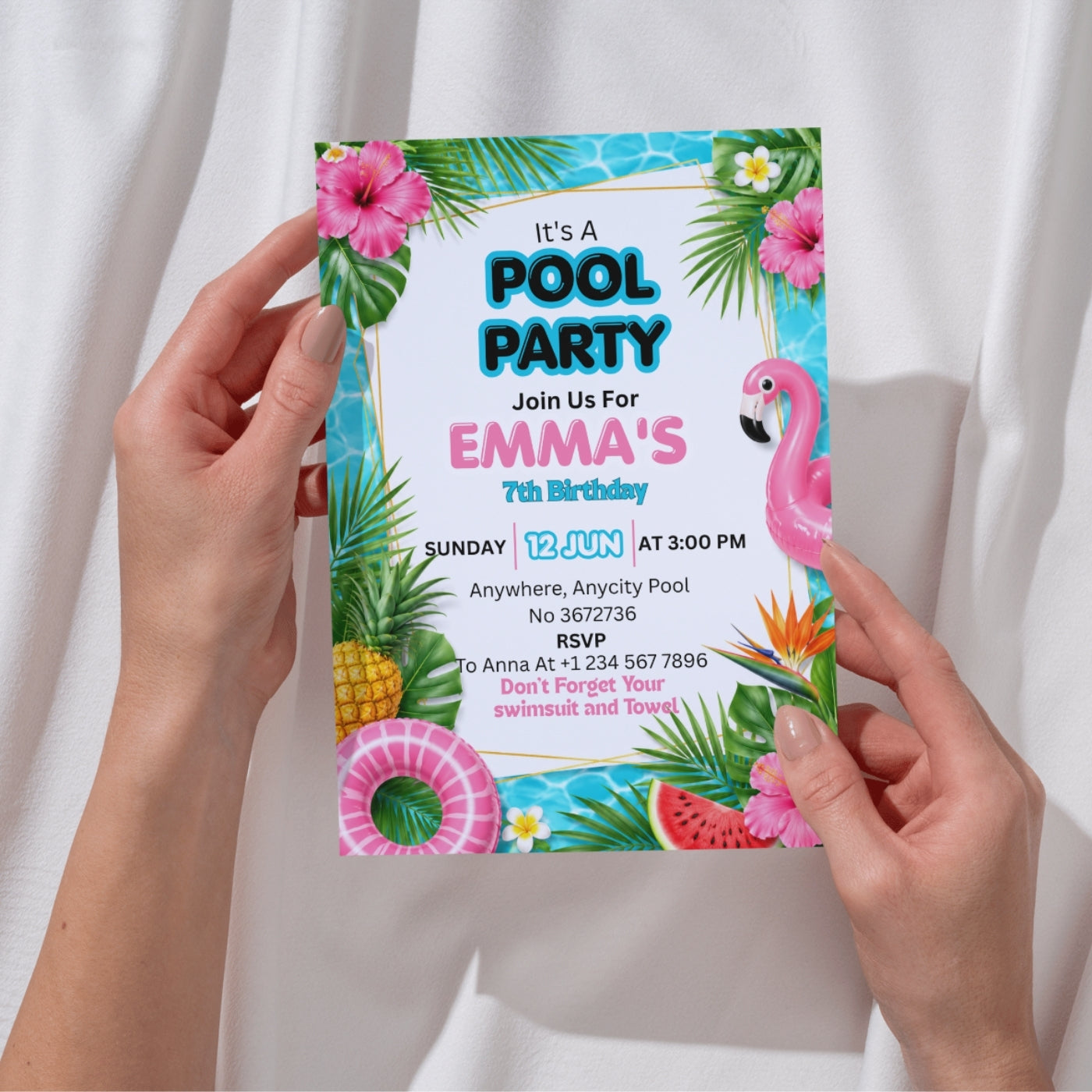 Pool Party birthday Invitation Template Editable Canva Digital Download (5×7)in