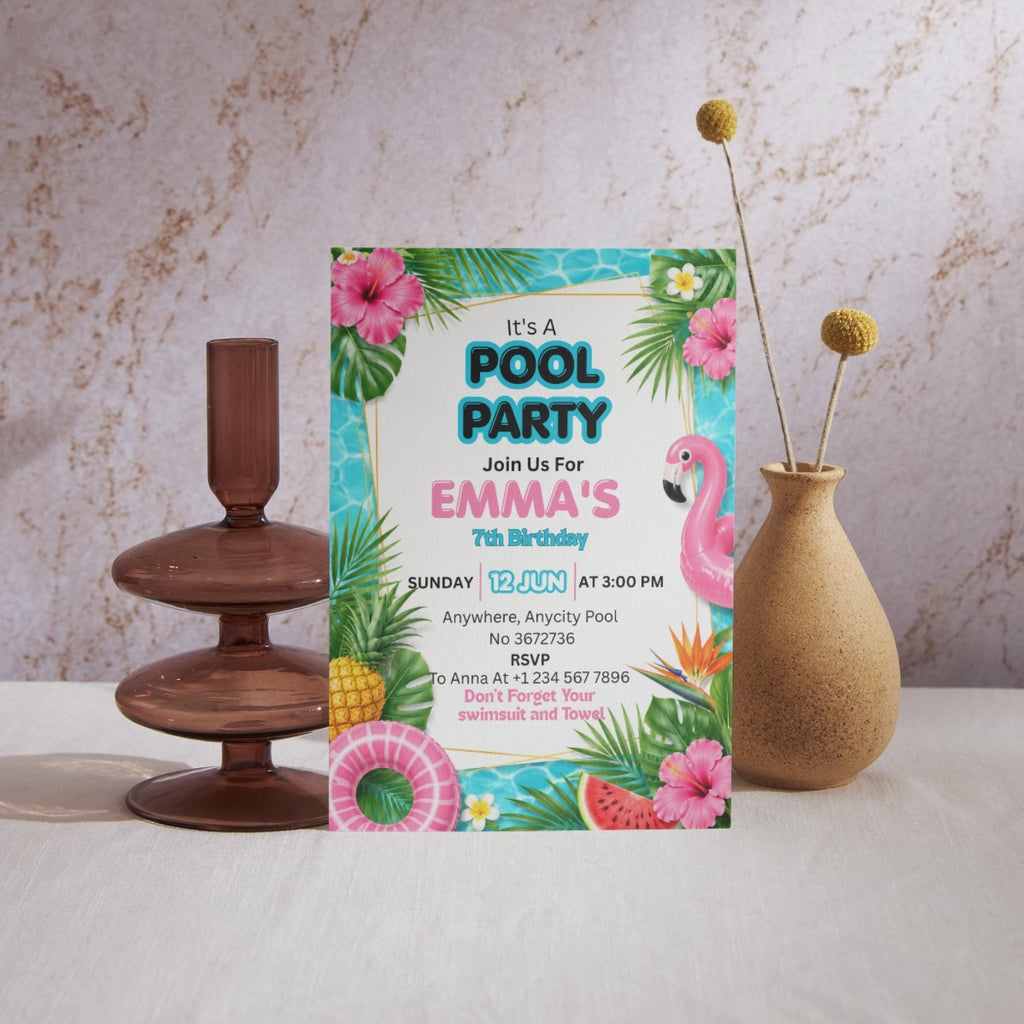 Pool Party birthday Invitation Template Editable Canva Digital Download (5×7)in