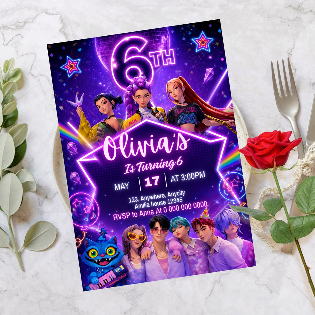 Kpop birthday Invitation Template, 6th Birthday Editable Canva Digital Download (5×7)in