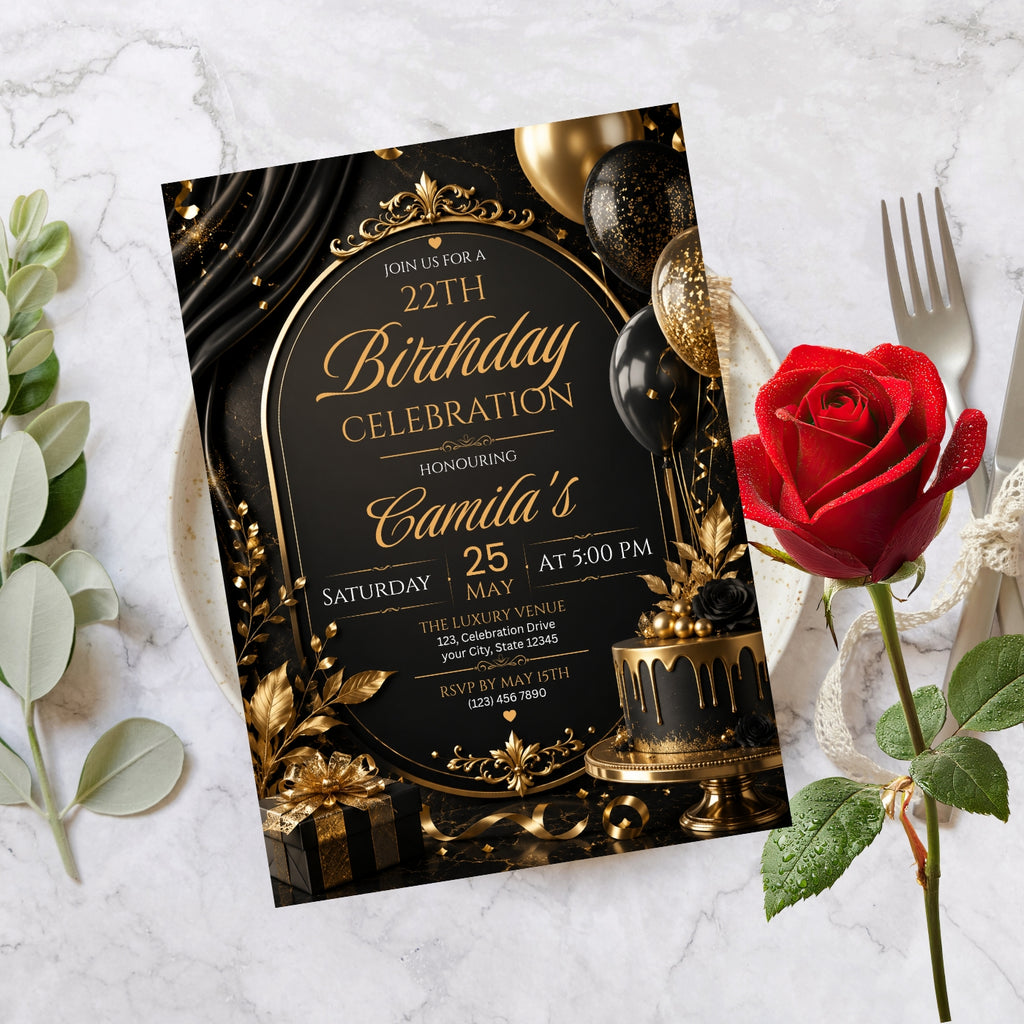 Editable Luxury Birthday Invitation Template | Black And Gold Birthday Invitation Canva digital download