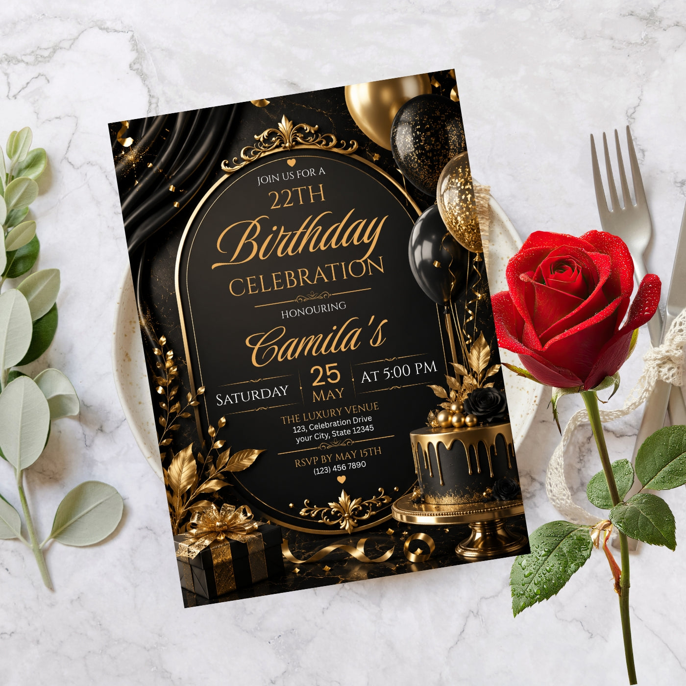 Editable Luxury Birthday Invitation Template | Black And Gold Birthday Invitation Canva digital download