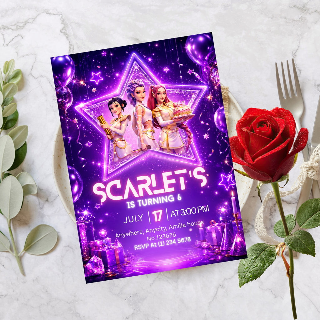 Kpop demon Hunters birthday Invitation template Editable Canva Digital Download