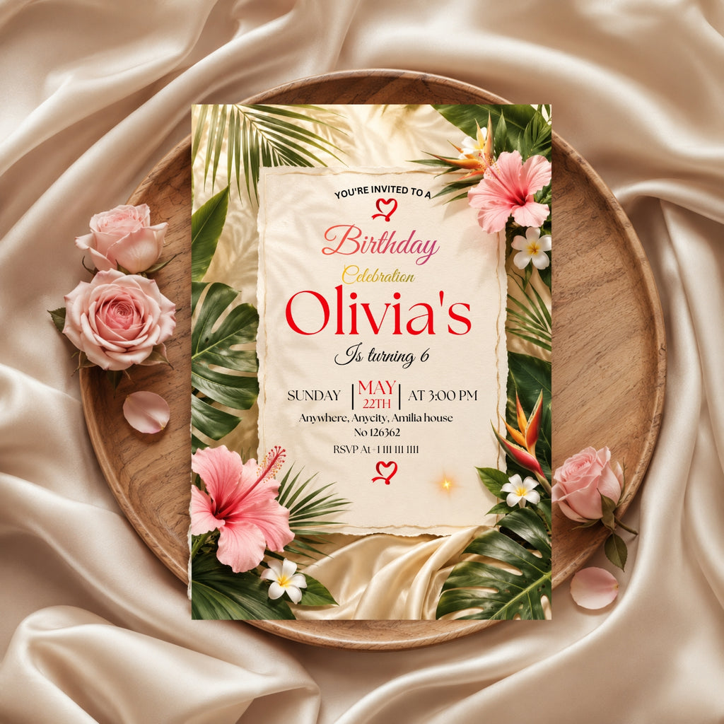 Tropical Birthday Invitation Template editable Canva Digital Download(5×7)In