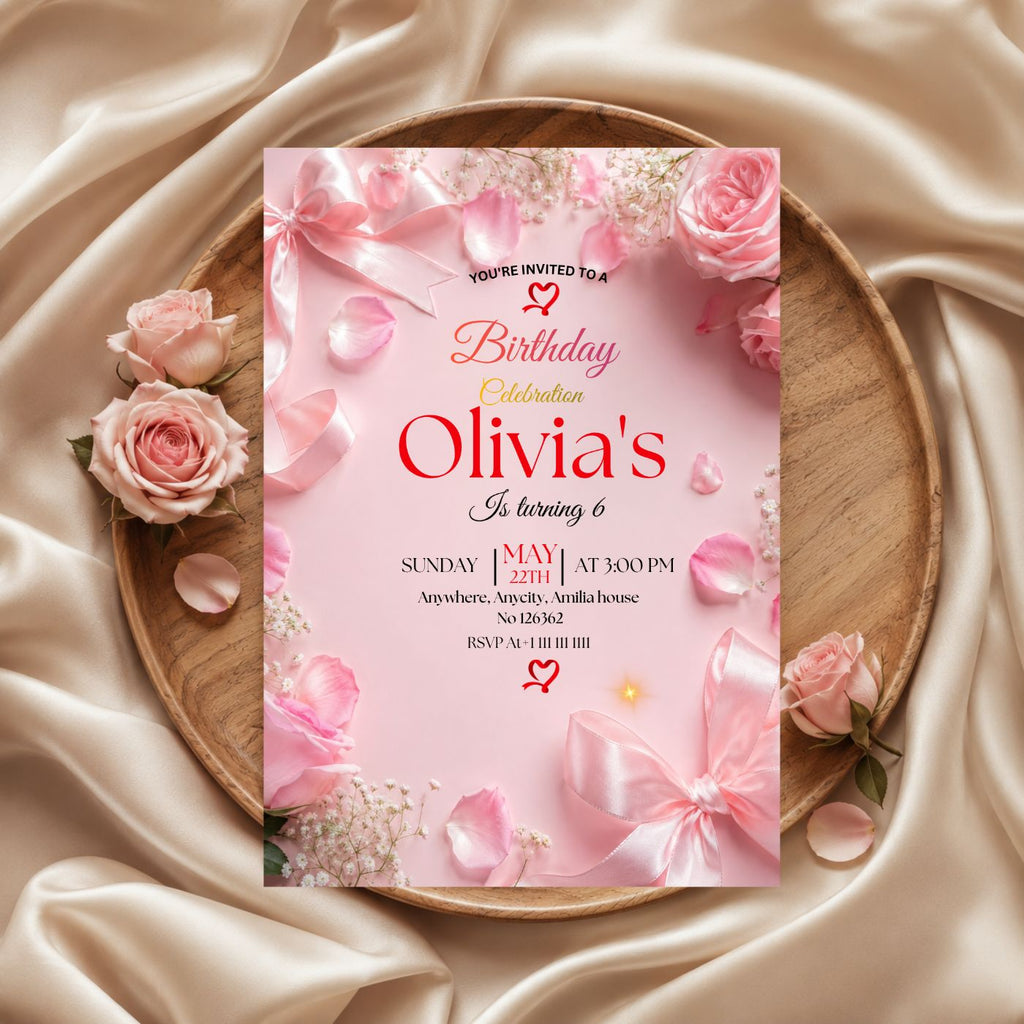Pink Bow Coquette Rose birthday Invitation template Editable Canva Digital Download
