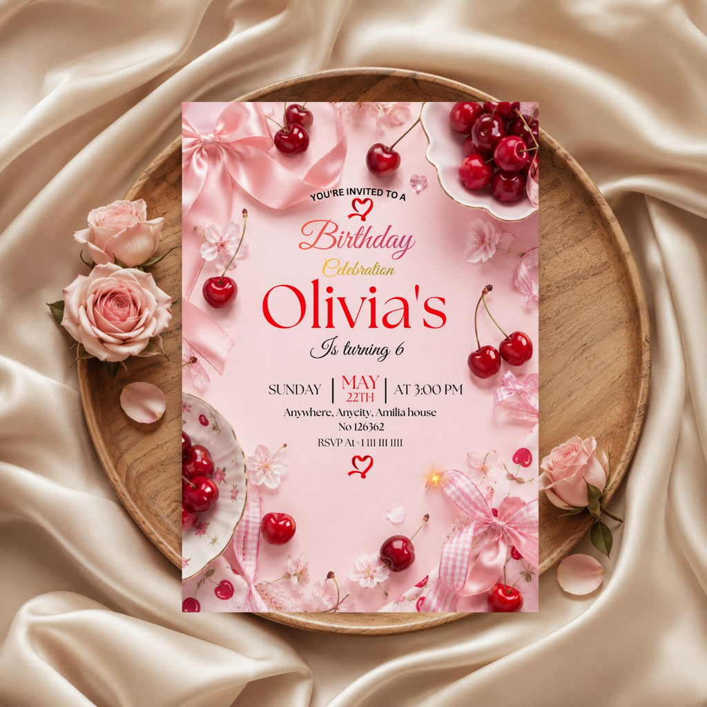 Cherry Birthday Invitation Template Editable Canva Digital Download (5×7) In