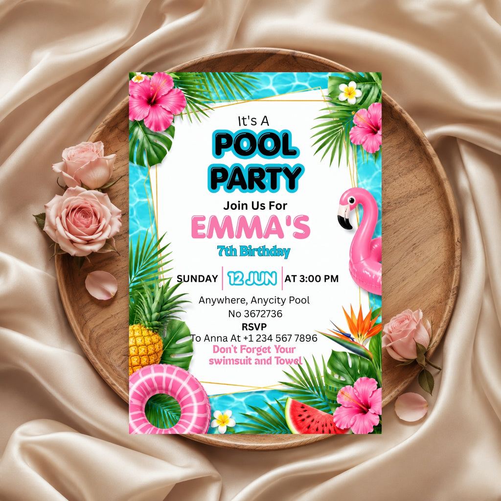 Pool Party birthday Invitation Template Editable Canva Digital Download (5×7)in