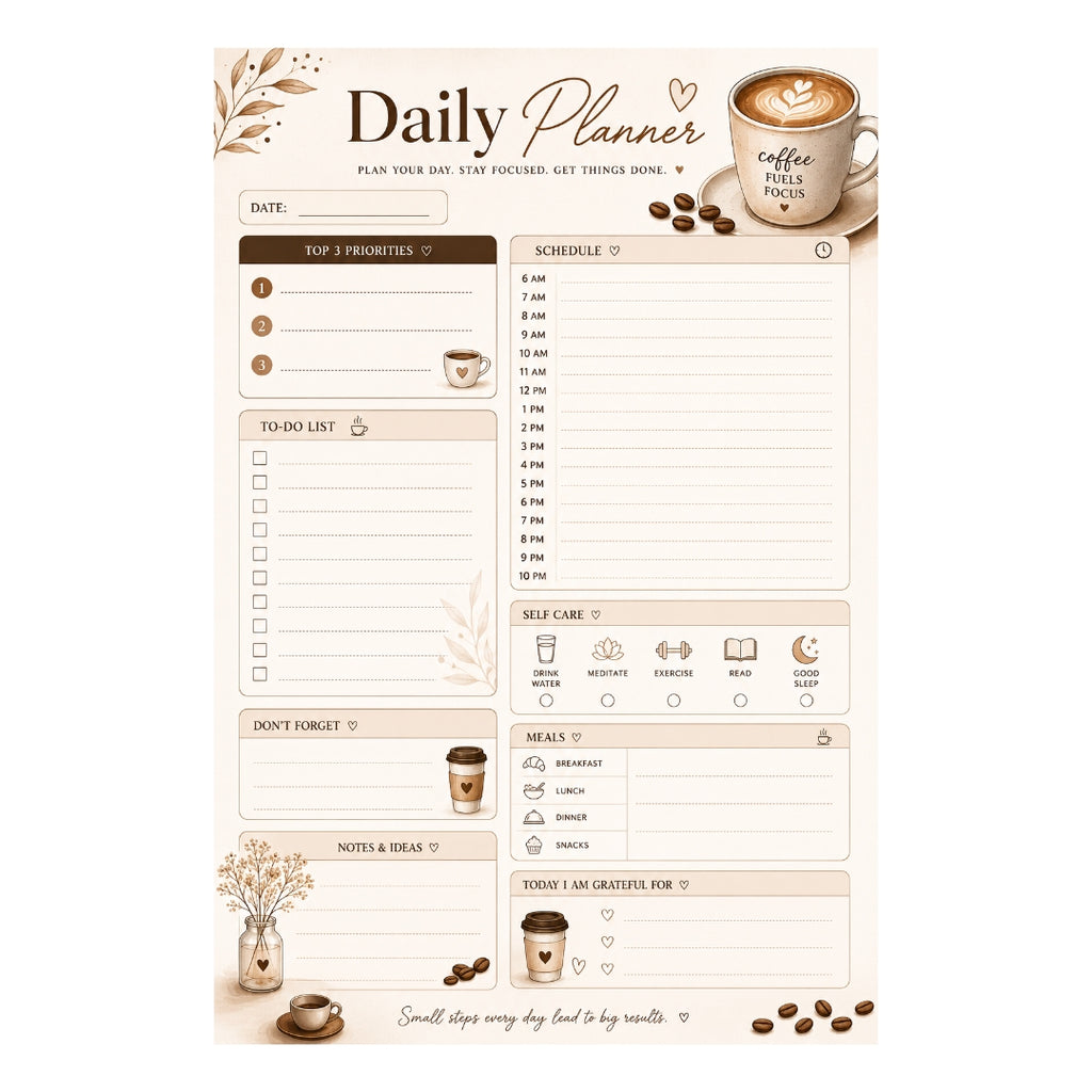 Coffee Themed Daily Planner, Elegant Daily Planner Printable Canva Digital Download