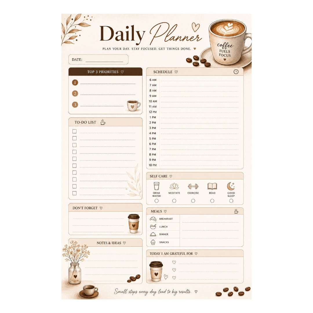 Coffee Themed Daily Planner, Elegant Daily Planner Printable Canva Digital Download