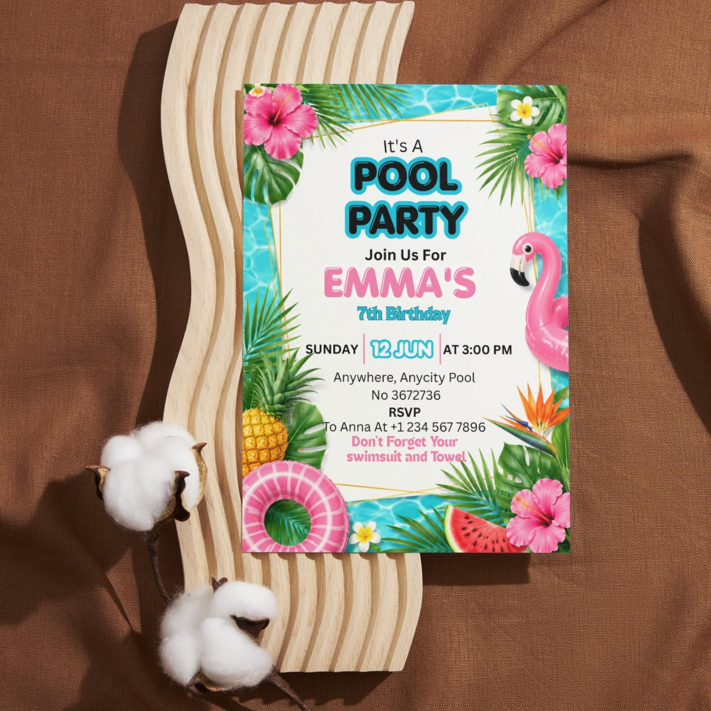 Pool Party birthday Invitation Template Editable Canva Digital Download (5×7)in